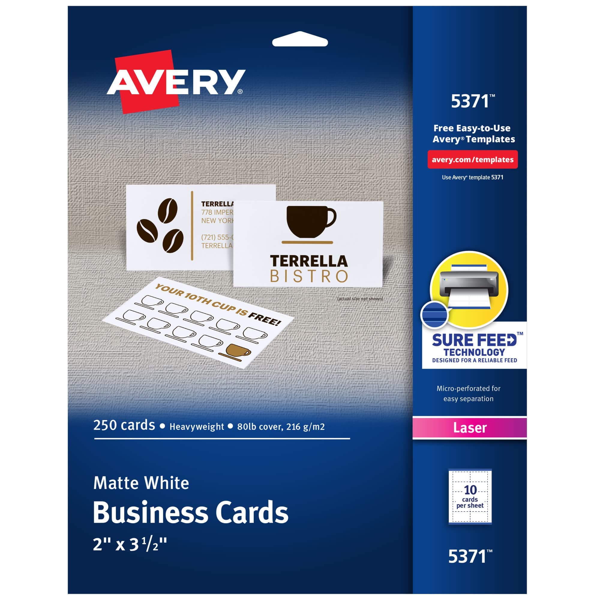 Avery Printable Business Cards with Sure Feed Technology, 2" x 3.5", White, 250 Blank Cards for Laser Printers (05371) chez Amazon US