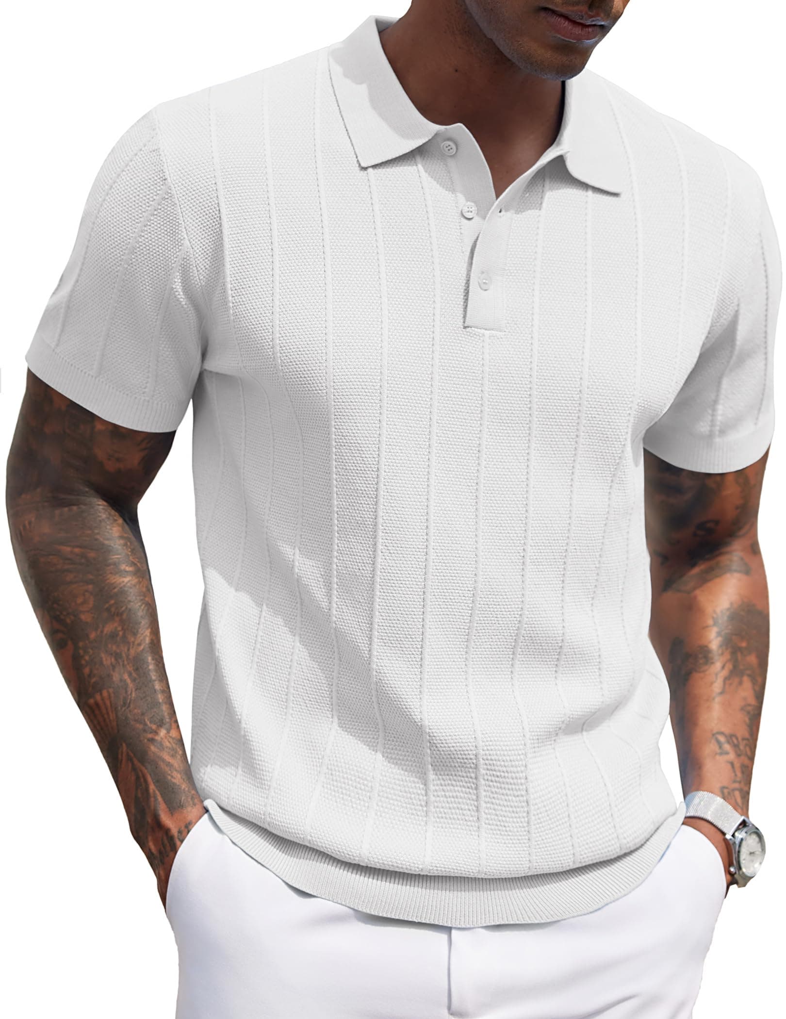 COOFANDY Mens Knit Polo Shirts Short Sleeve Ribbed Textured Polo Shirt Lightweight Casual Golf Shirts Collared T Shirt