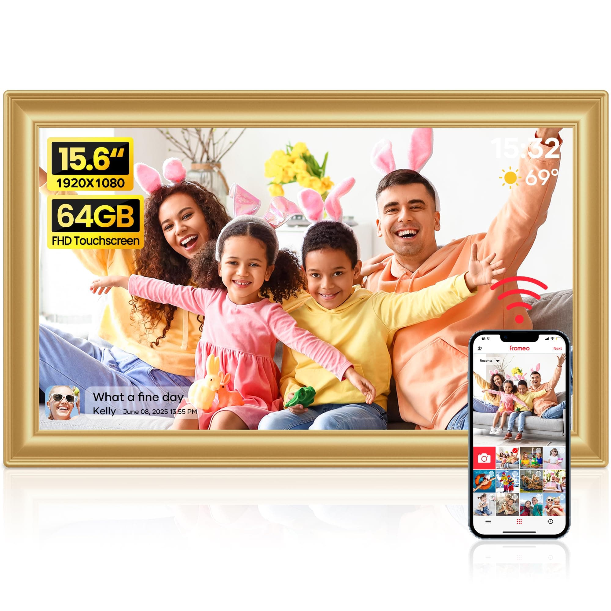 64GB Frameo WiFi Digital Photo Frame 15.6 Inch Golden - 1920 * 1080P FHD IPS Touch Screen Picture Frame Electronic, chez Amazon UK