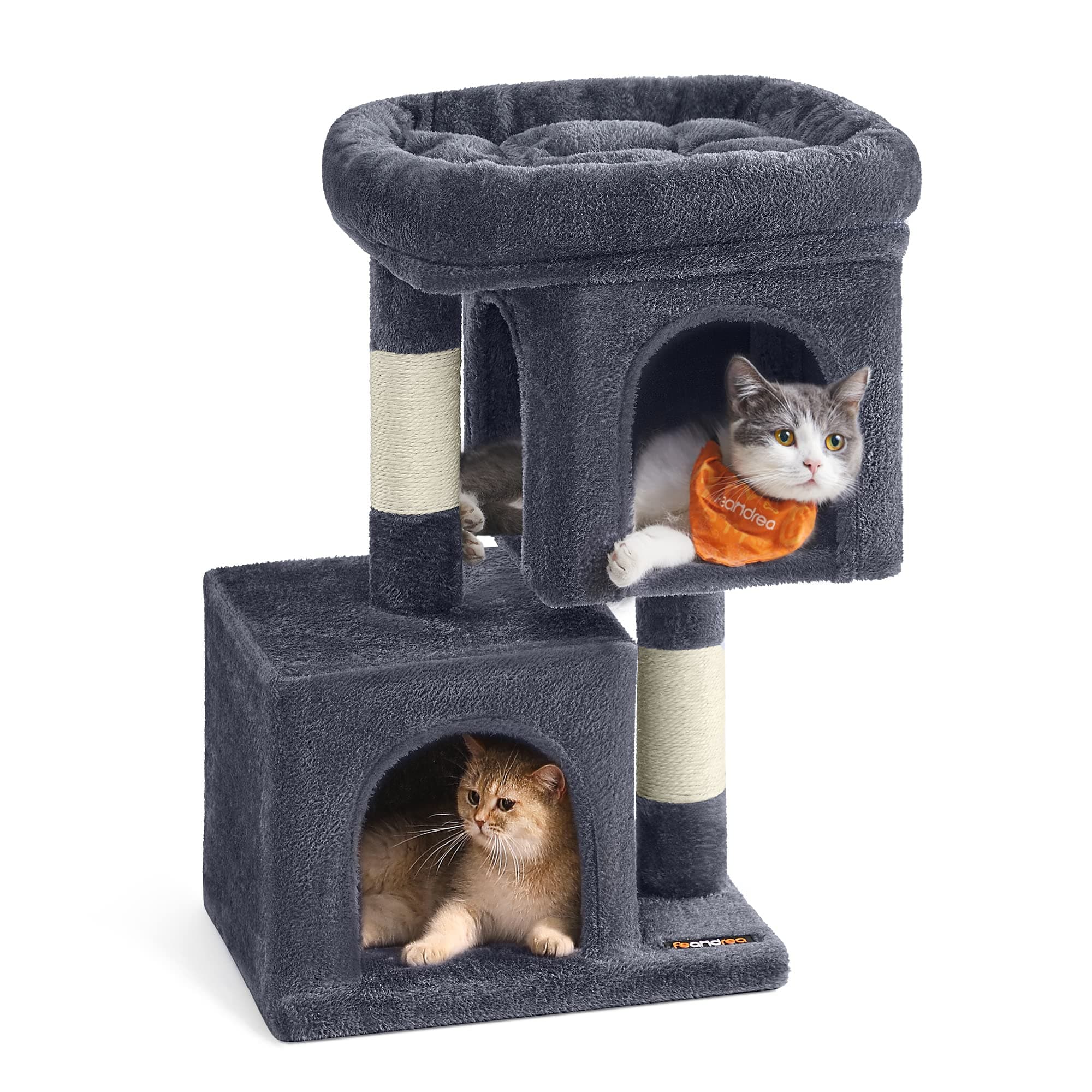 Feandrea Cat Tree Tower, 65 cm, 2 Caves, Large Perch, Scratching Post | For Large Cats up to 3 kg, S, Grey, CLAWFY Collection PCT611G01
