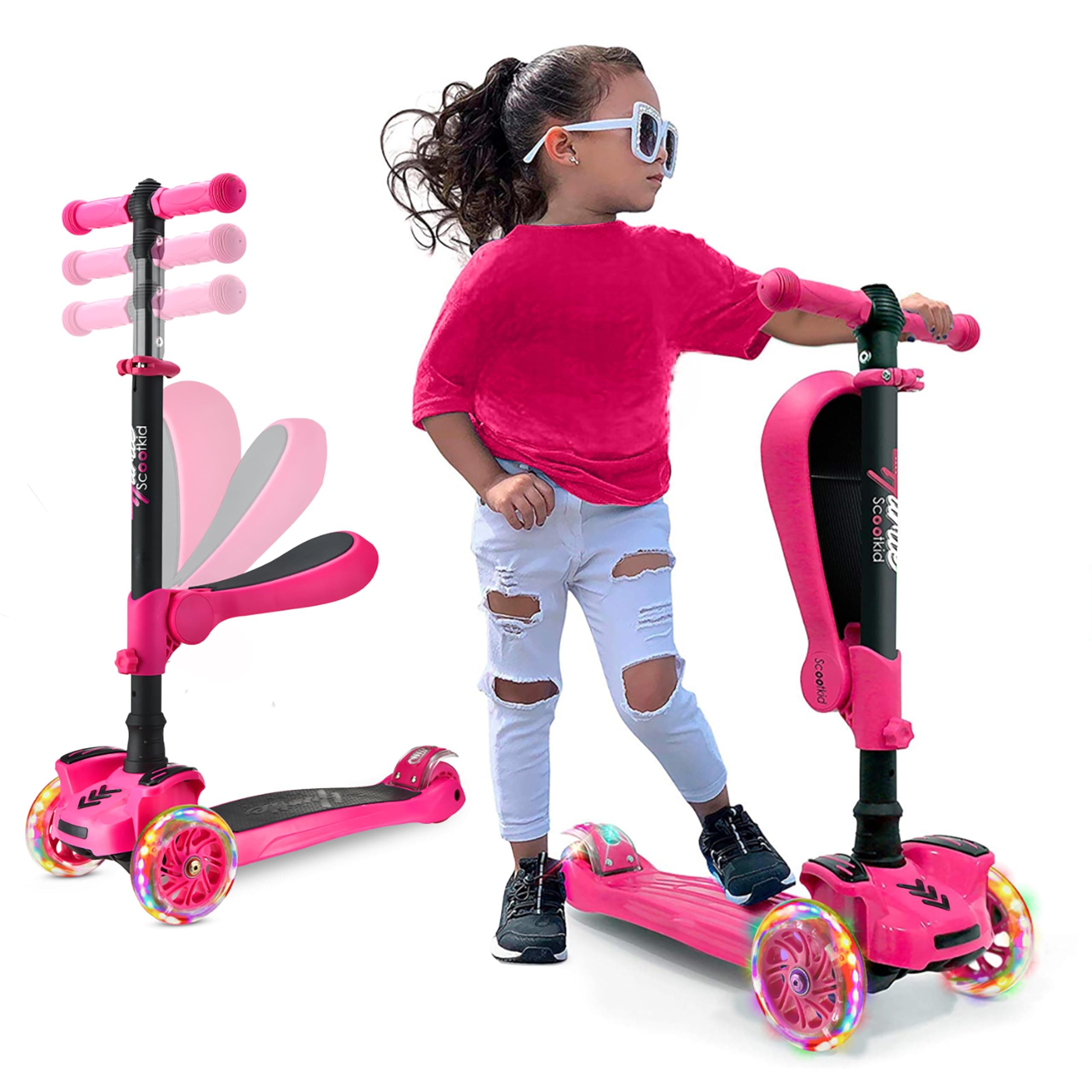 Hurtle 3-Wheel Tri Scooter for Kids ages 4-7, Scooter with Seat, Foldable, Flashing Lights, Adjustable Height