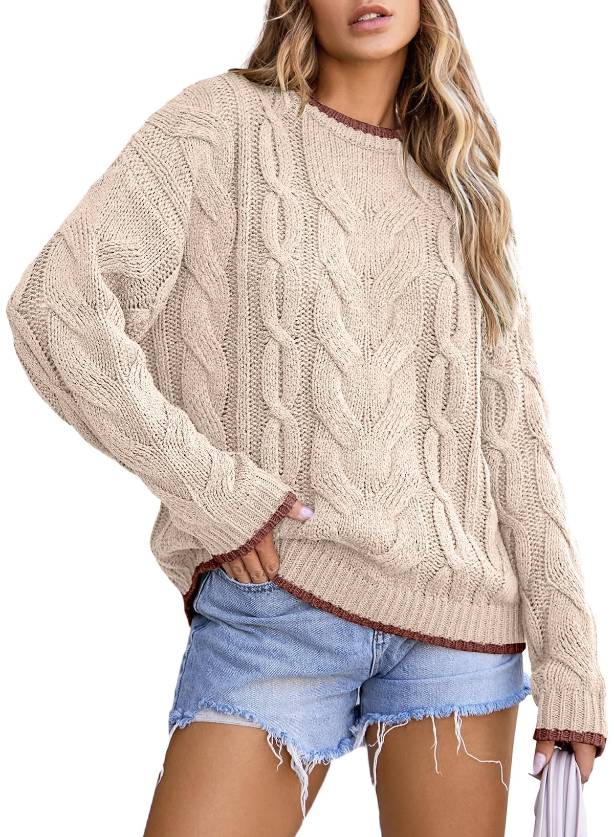 EVALESS Womens Sweaters Cable Knit Chunky Pullover Tops | Chunky Texture Cozy Feel, Color Block Casual Style, Thanksgiving Christmas Outfits chez Amazon US