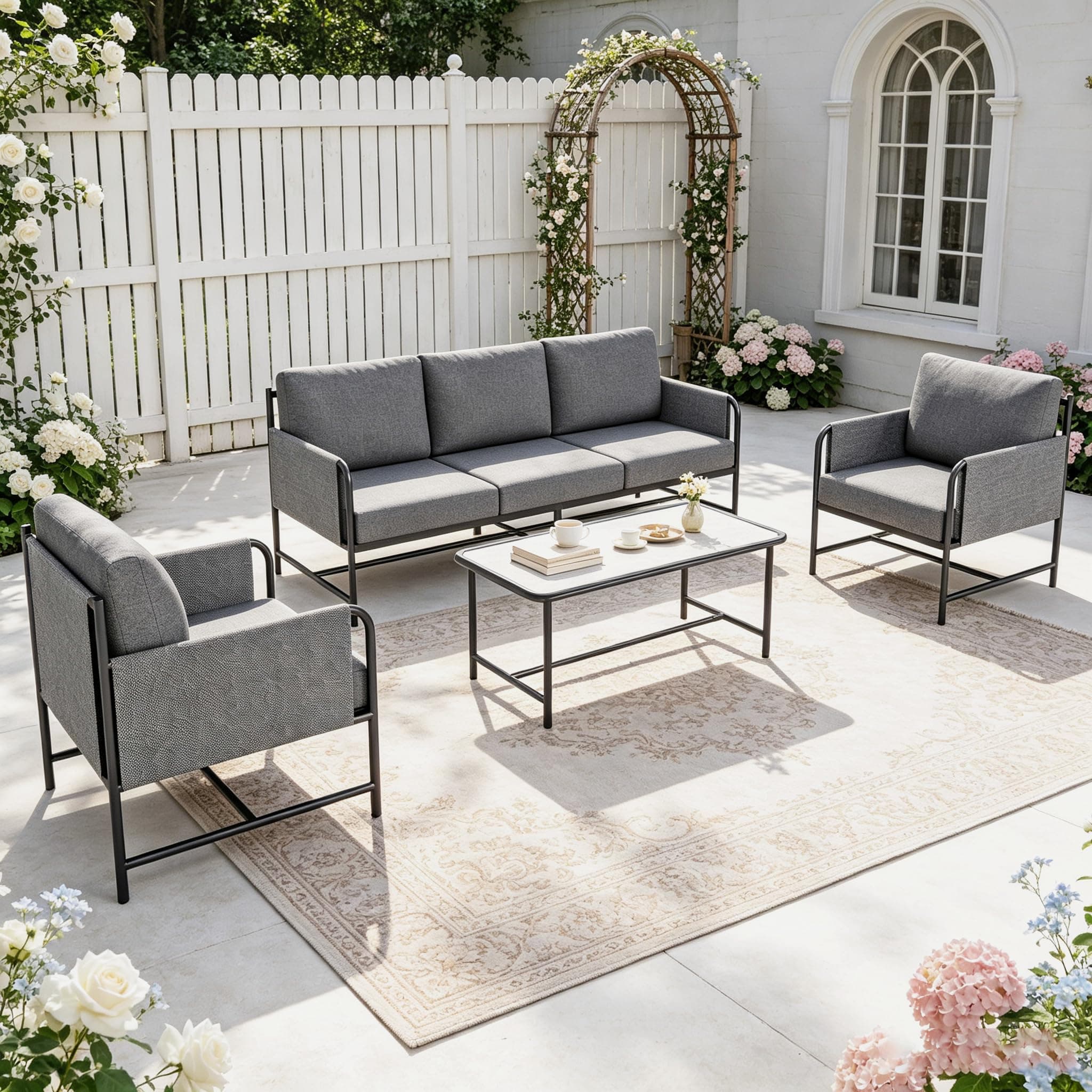 PHI VILLA Garden Furniture Set 5 Seaters, 4 Pieces Outdoor Corner Sofa Metal, Patio Conservatory Modular Sectional Sofa, Grey